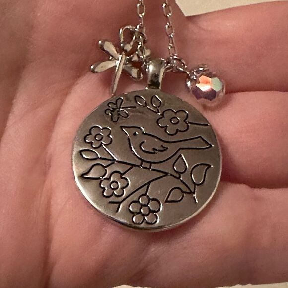 Macys etched bird pendant necklace silver dragonfly charm - Picture 2 of 4